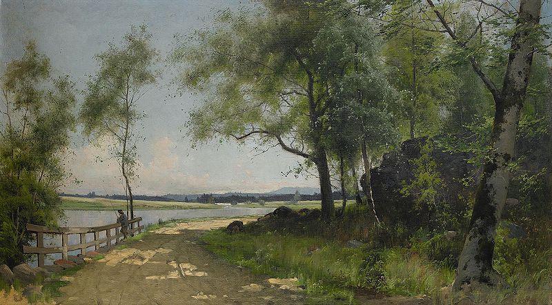 Mauritz Lindstrom Sommarlandskap med vag vid vatten Norge oil painting art